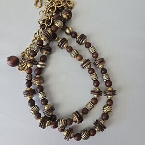 Vintage Wood & Gold Tone Bead Belt Double Strand Chain Boho Festival 80's Indie